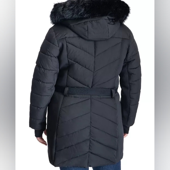 MICHAEL MICHAEL KORS Plus Size Belted Faux-Fur-Trim Hooded Puffer Coat, Size XXL - Picture 2 of 16